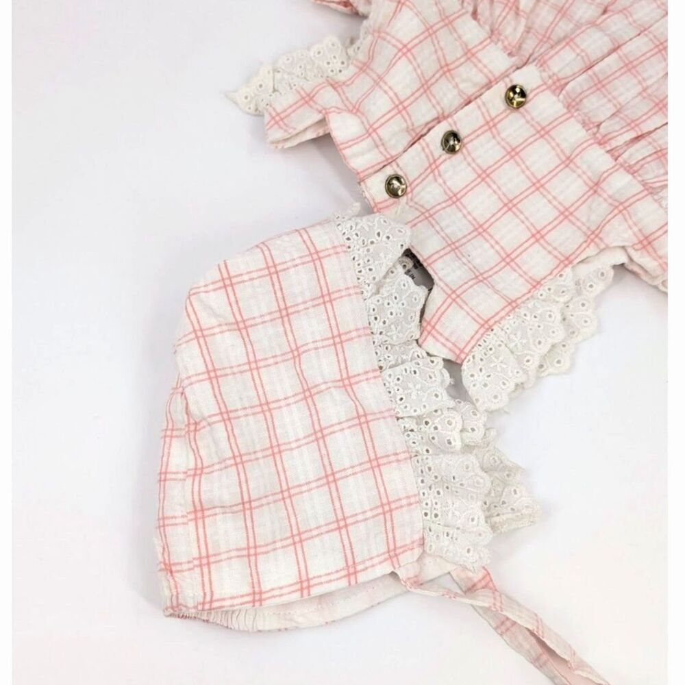 Tahati Baby Dress and Hat Set Girl 3-6 Months Pink Plaid Eyelet Ruffled Cottage - Picture 7 of 12